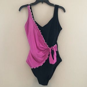 One piece black and hot pink bathing suit